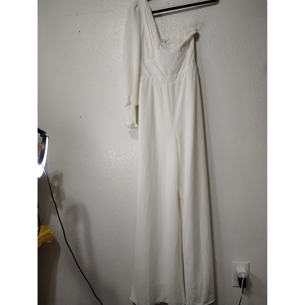Chicways White One Shoulder Wide Leg Jumpsuit Puff Sleeve Bridal Formal (37)